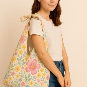 May include: Floral print tote bag with pink, yellow, and blue flowers on a cream background. The bag has a beige strap tied in a bow. The bag is a shoulder bag. The logo "KM" is in the upper left corner.
