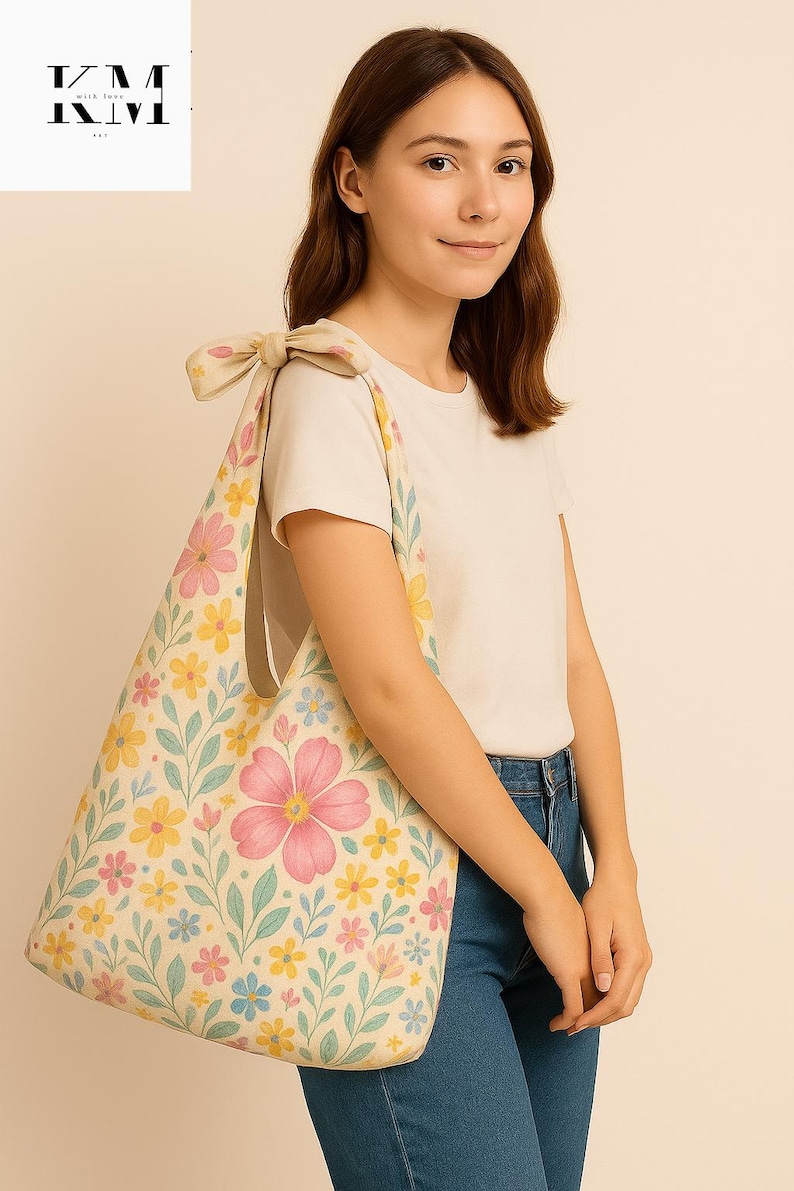 May include: Floral print tote bag with pink, yellow, and blue flowers on a cream background. The bag has a beige strap tied in a bow. The bag is a shoulder bag. The logo "KM" is in the upper left corner.