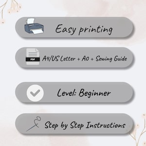 May include: Image with text: "Easy printing", "A4/US Letter + AO + Sewing Guide", "Level: Beginner", and "Step by Step Instructions". The image includes a printer icon, a PDF icon, and a checkmark icon. The background is a light beige with floral accents.