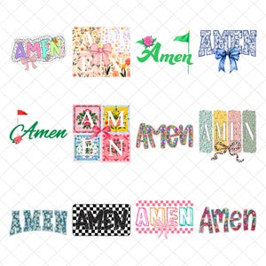 Pode incluir: Uma coleção de doze designs gráficos digitais apresentando a palavra Amen em vários estilos, incluindo padrões florais, fundos xadrez, estampa de leopardo e laços decorativos em paletas de cores rosa, azul e verde.