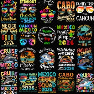 Pode incluir: Uma coleção de designs gráficos coloridos com texto relacionado a viagens, cruzeiros e férias no México e no Caribe. Os designs incluem óculos de sol, palmeiras e navios de cruzeiro, com o ano de 2026.