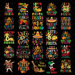 Pode incluir: Uma coleção de designs coloridos e festivos com as palavras "Fiesta" e "Let's Fiesta" em várias fontes. As imagens incluem abacates, tacos, sombreros, guitarras e uma lhama com óculos de sol. Os designs são perfeitos para celebrar.