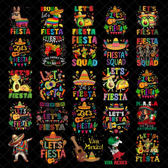 Fiesta PNG Bundle, Cinco De Mayo Designs, Lets Fiesta Quote Art, Mexico Party Clipart, Colorful Fiesta Shirt PNG