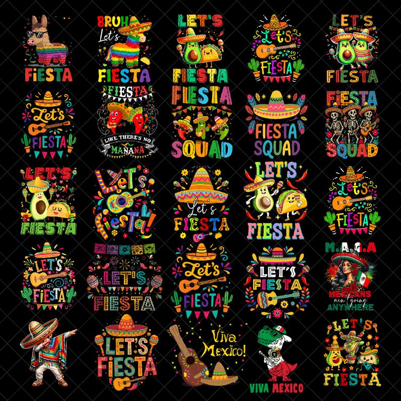 May include: A collection of colorful, festive designs with the words "Fiesta" and "Let's Fiesta" in various fonts. Images include avocados, tacos, sombreros, guitars, and a llama wearing sunglasses. The designs are perfect for celebrating.