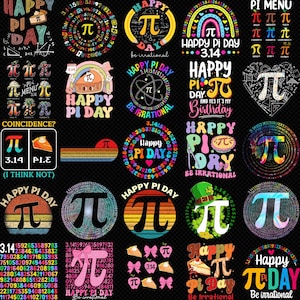 Może przedstawiać: Kolekcja kolorowych grafik z okazji Dnia Liczby Pi. Projekty zawierają symbol Pi, liczbę 3,14 oraz frazy takie jak "Happy Pi Day" i "Be Irrational". Obrazy są w różnych stylach, w tym tęczowym i retro.