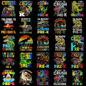 以下が含まれることがあります： 黒い背景に、モンスター トラックと恐竜をあしらったカラフルなグラフィックデザインのコレクションです。「I'm Ready to Crush」や「Pre-K」、「Preschool」などの学年レベルのテキストが含まれています。子供服やアクセサリーに最適です。