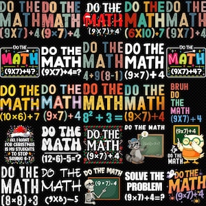 May include: A black graphic design featuring the phrase "DO THE MATH" in various fonts and colors. The design includes math equations and cartoon illustrations of a raccoon, owl, and skeleton. The overall theme is math and education.