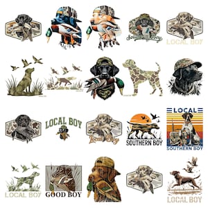 Pode incluir: Uma coleção de vinte ilustrações gráficas com cães labrador retriever, patos e padrões de camuflagem. Vários designs incluem o texto Local Boy, Southern Boy ou Good Boy, retratando cenas de caça com cães usando bonés.