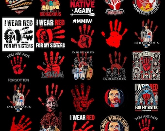 May include: A collection of graphic designs on a black background, featuring red handprints, portraits, and text. The text includes phrases like "I Wear Red," "For My Sisters," and "Make America Native Again." The designs are related to Indigenous awareness.