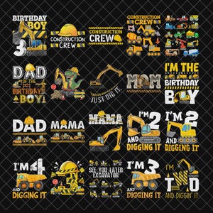 Pode incluir: Uma coleção de designs com tema de construção em um fundo preto. Os designs incluem texto como "Birthday Boy", "Construction Crew" e "I'm 2", juntamente com imagens de veículos de construção como escavadeiras e caminhões basculantes. Os designs são em amarelo, preto e branco.