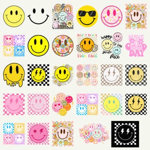 Paquete de caras sonrientes PNG, cara sonriente a cuadros PNG, cara sonriente de margarita PNG, flor retro PNG, cara sonriente angustiada PNG, cara feliz, cara sonriente retro PNG