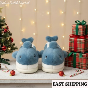 Cute Shark Slippers, Funny Plush Winter Shoes, Warm Fluffy Slides, Soft Indoor Slippers for Men Women, Cozy Novelty Loafers