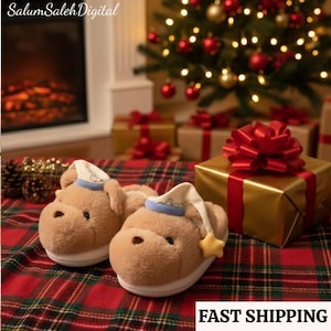 Teddy Bear Plush Slippers: Cozy Furry House Shoes, Cozy Fuzzy Holiday House Shoes ,Winter Slippers Gift,Feral And Festive, Cozy Christmas