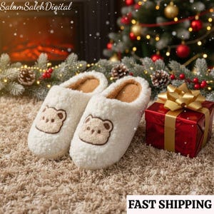 Furry Bear Slippers , Warm Winter Indoor Shoes , Non-Slip Couples Slides, Christmas Slipper, Bear Shoes, Holiday Gift
