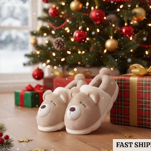 Furry Bear Slippers ,Warm Winter Indoor Shoes , Non-Slip Couples Slides, Cozy Long Fur Indoor Slippers, Cute Holiday Gift