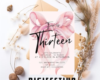 Pink Coquette 13th Birthday Invitation Girl Fancy Bow Birthday Invitations for 13th Watercolor Bow Design Editable Canva Template Digital