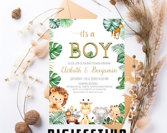 Faire-part de shower de bébé Safari Oh Boy modifiable, invitation de shower de bébé jungle, invitation animaux de safari de la jungle verdure, modèle imprimable