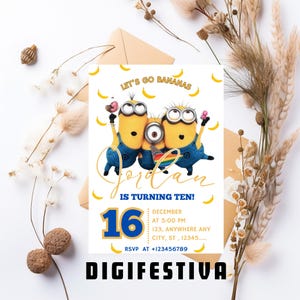 Invitación de cumpleaños de los Minions, tema de los Minions, invitaciones digitales para fiesta de cumpleaños de los Minions, invitación digital de los Minions 2, fiesta temática de películas