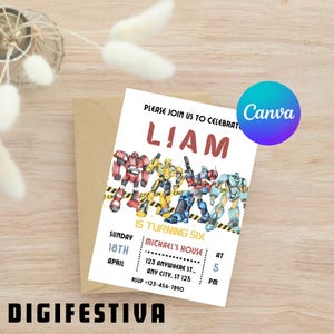 Puede incluir: Una invitaci&oacute;n a una fiesta de cumplea&ntilde;os con un fondo blanco que presenta una imagen de dibujos animados de robots. La invitaci&oacute;n es para el sexto cumplea&ntilde;os de Liam. El texto de la invitaci&oacute;n dice "Por favor, &uacute;nase a nosotros para celebrar que Liam cumple seis a&ntilde;os. Domingo 18 de abril. Casa de Michael. 123 Anywhere St. Any City, ST 125. A las 5 PM. RSVP +123-456-7890."