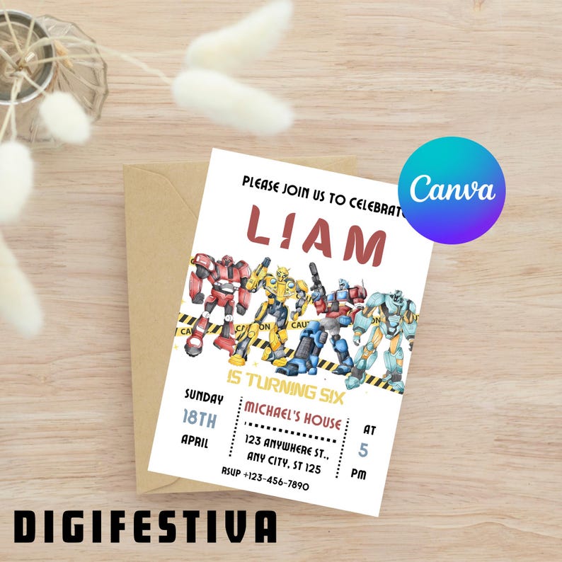 Puede incluir: Una invitaci&oacute;n a una fiesta de cumplea&ntilde;os con un fondo blanco que presenta una imagen de dibujos animados de robots. La invitaci&oacute;n es para el sexto cumplea&ntilde;os de Liam. El texto de la invitaci&oacute;n dice "Por favor, &uacute;nase a nosotros para celebrar que Liam cumple seis a&ntilde;os. Domingo 18 de abril. Casa de Michael. 123 Anywhere St. Any City, ST 125. A las 5 PM. RSVP +123-456-7890."