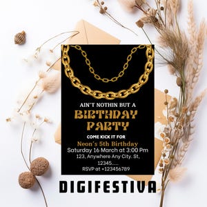 Hip Hop Party Invitation, 90&#39;s Birthday Invitation, Gold Chain Invitation, 90&#39;s Party, Hip Hop Party, Instant Download Digital Template