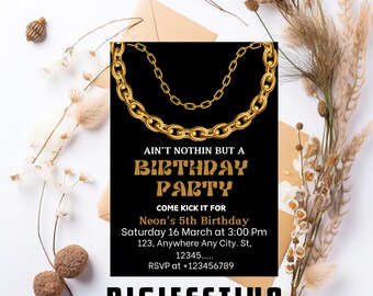 Hip Hop Party Invitation, 90's Birthday Invitation, Gold Chain Invitation, 90's Party, Hip Hop Party, Instant Download Digital Template