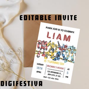 Puede incluir: Invitaci&oacute;n editable para una fiesta de cumplea&ntilde;os con tem&aacute;tica de robots. La invitaci&oacute;n presenta una ilustraci&oacute;n colorida de robots con el nombre Liam y el texto "Is turning six". La invitaci&oacute;n tambi&eacute;n incluye la fecha, la hora y la ubicaci&oacute;n de la fiesta.
