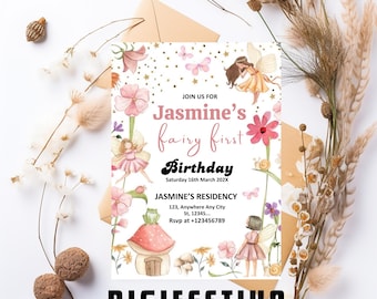 Fairy First Birthday Invitation, Fairy 1st Birthday Invite, Enchanted Garden Birthday Invitation, Whimsical 1st Birthday, Girl, Template