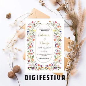 Garden Flowers Wedding Invitation Template, Wildflower Wedding Invite, Colorful Spring Floral Printable Elegant EDITABLE Download