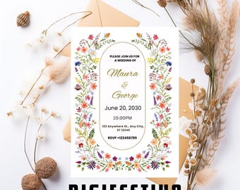 Garden Flowers Wedding Invitation Template, Wildflower Wedding Invite, Colorful Spring Floral Printable Elegant EDITABLE Download