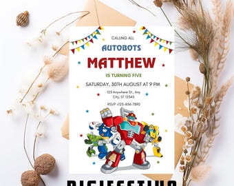 May include: A colorful birthday invitation featuring the Autobots from Transformers. The invitation is for a boy named Matthew who is turning five. The invitation includes the date, time, and location of the party. The invitation also includes a phone number for RSVP.