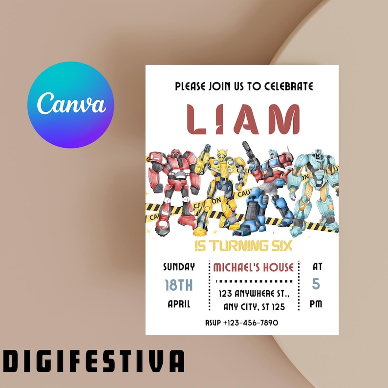 Puede incluir: Una invitaci&oacute;n de cumplea&ntilde;os con una ilustraci&oacute;n colorida de cinco robots. La invitaci&oacute;n es para el sexto cumplea&ntilde;os de Liam. La fiesta se celebrar&aacute; en casa de Michael el domingo 18 de abril a las 17:00. La direcci&oacute;n es 123 Anywhere St., Any City, ST 125. El n&uacute;mero de RSVP es +123-456-7890.