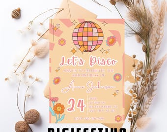 Editable Groovy Cute Disco Party Rainbow Daisy Disco Ball Birthday Party Girl Birthday Invitation Girl Birthday Invite Template