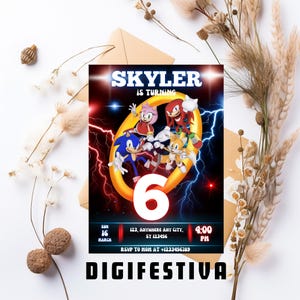 May include: A birthday invitation featuring the characters from the Sonic the Hedgehog video game series. The invitation is for a 6th birthday party for a child named Skyler. The invitation is set against a blue and red background with lightning bolts and a gold ring. The date of the party is March 16th at 4:00 PM. The RSVP number is +1233456789. The invitation is titled "Digifestiva".