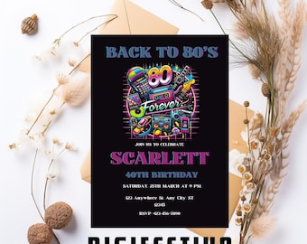 Editable 80's Party Invitation 40th Birthday Back to the 80s Disco Party Invite Woman Digital Download Canva Template