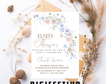 Editable A Little Wildflower Baby Shower Invitation, Baby in Bloom Baby Shower Invite, Spring Flowers Baby Shower Invite
