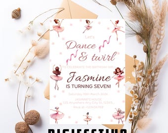 Dance and Twirl Ballerina Birthday Party Invitation | Editable Pink Ballet Dancers Birthday Party Invite, Printable Girls Ballerina Birthday