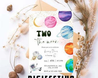 Two the Moon Birthday Invite Girl, Pastel Outerspace Invitation, Space 2nd Birthday Invitation, Girl 2nd Birthday, Two the Moon Party