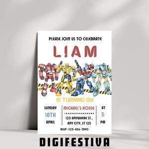 Puede incluir: Una invitaci&oacute;n de cumplea&ntilde;os con una ilustraci&oacute;n colorida de robots. La invitaci&oacute;n es para el sexto cumplea&ntilde;os de Liam. El texto dice "Por favor, &uacute;nase a nosotros para celebrar que Liam cumple seis a&ntilde;os. Domingo 18 de abril Michael's House 123 Anywhere St., Any City, ST 125 a las 5 PM. RSUP +123-456-7890. Digifestiva"