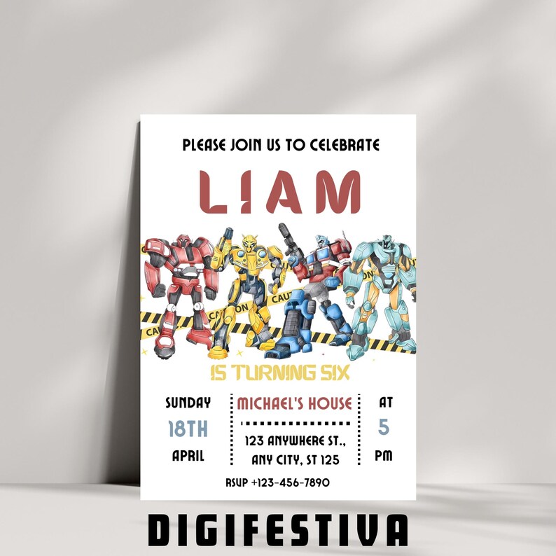 Puede incluir: Una invitaci&oacute;n de cumplea&ntilde;os con una ilustraci&oacute;n colorida de robots. La invitaci&oacute;n es para el sexto cumplea&ntilde;os de Liam. El texto dice "Por favor, &uacute;nase a nosotros para celebrar que Liam cumple seis a&ntilde;os. Domingo 18 de abril Michael's House 123 Anywhere St., Any City, ST 125 a las 5 PM. RSUP +123-456-7890. Digifestiva"