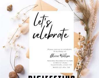 Simple Party Invite, Minimalist Birthday Invitation, Adult and Teen Invitation, White Invitations, Editable Template, instant Download