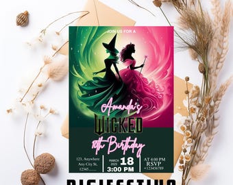 Wicked Birthday invitation, Editable Wicked Party Invitation, Elphaba Glinda Birthday Invite, Wicked Invitation to print or text