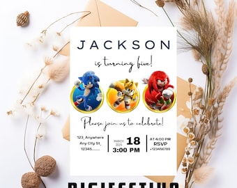 May include: A birthday invitation featuring the characters Sonic the Hedgehog, Tails, and Knuckles. The invitation is white with blue, red, and yellow accents. It says "Jackson is turning five!" and includes details for the party, including the date, time, and RSVP information.