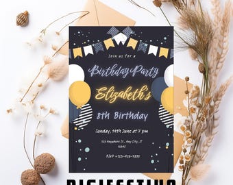 Yellow Balloon Birthday Party Invitation Template, Printable White Blue Balloons Invite for Birthday Celebration, Kids Birthday Party Invite