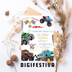 May include: A colorful invitation for a monster truck bash. The invitation features a green, blue, and yellow monster truck with the text "BOOM. CRASH." and "It's a Monster Truck Bash! Let's Celebrate George is turning 81". The invitation also includes the date "Sunday 16 June" and the text "The George's Residency 123, Anywhere Any City St. 12345 RSVP to Mom at +123456789".