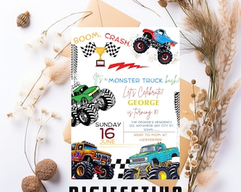 Monster Truck Birthday Invitation, Boom Crash It's A Monster Truck Bash! birthday boy, Boy Monster Truck Invite, Dirt Truck Birthday Invite.