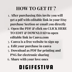 Puede incluir: Un fondo blanco con texto negro que explica c&oacute;mo obtener una invitaci&oacute;n editable. El texto dice "HOW TO GET IT?" e incluye instrucciones sobre c&oacute;mo comprar, editar y descargar la invitaci&oacute;n usando Canva. El texto tambi&eacute;n incluye la frase "DIGIFESTIVA" en letras grandes y negritas.