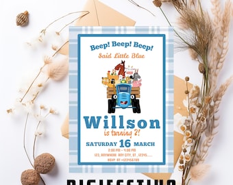 Editable Little Blue Truck Birthday Invitation, Printable Farm birthday Invite, Digital Barnyard Animals Bday Party Invitation Template