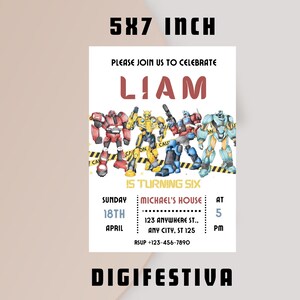 Puede incluir: Una invitaci&oacute;n de cumplea&ntilde;os con una ilustraci&oacute;n de dibujos animados de seis robots en varios colores, incluyendo rojo, amarillo, azul y gris. La invitaci&oacute;n es para el sexto cumplea&ntilde;os de Liam e incluye la fecha, la hora y la ubicaci&oacute;n de la fiesta. El texto de la invitaci&oacute;n dice: "Por favor, &uacute;nase a nosotros para celebrar que Liam cumple seis a&ntilde;os. Domingo, 18 de abril a las 5 PM. Casa de Michael, 123 Anywhere St., Any City, ST 125. RSVP +123-456-7890. Digifestiva."
