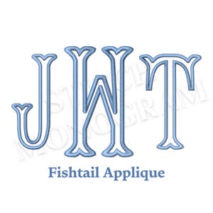 May include: Light blue monogram design featuring the letters J, W, and T in a fishtail applique style. The letters are outlined with a decorative border. The text "Fishtail Applique" is below the letters.